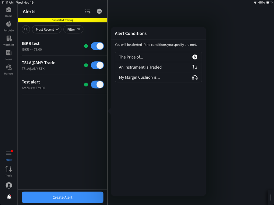 The alert conditions menu on the iPad